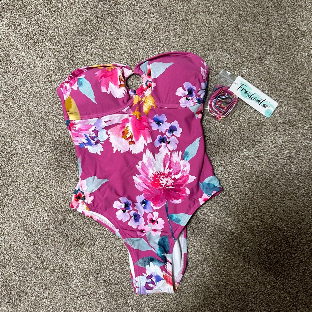 FRESHWATER FLORAL O-RING ONE PIECE SWIMSUIT SIZE S #583 - Picture 3 of 4